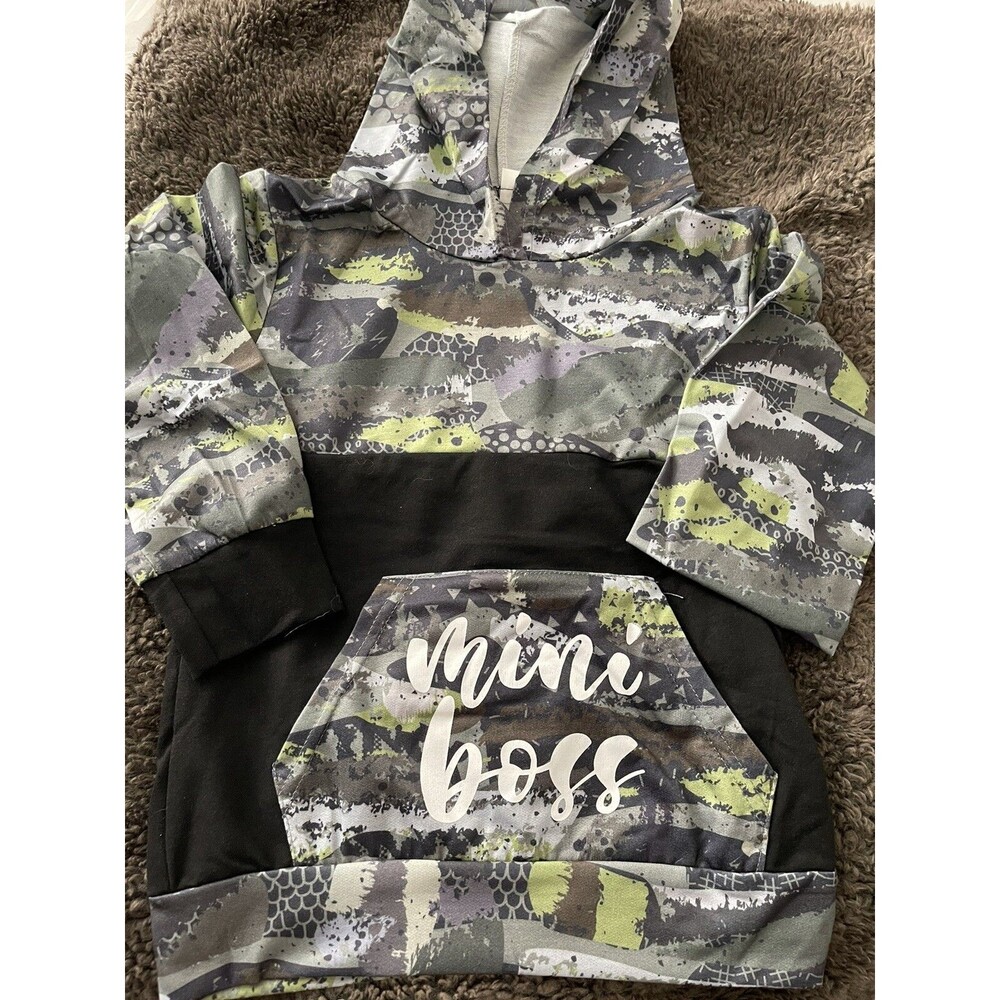 (P1) Brand New PatPat Boys 6-7 Camo print “mini Boss” Joggers And Hoodie Set